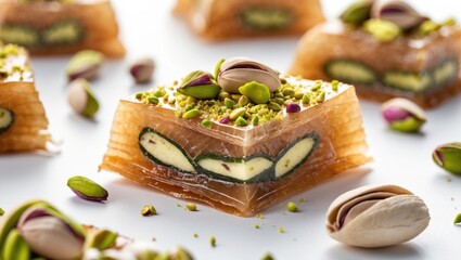 Wall Mural - Pistachio baklava dessert showcasing layers of flaky pastry and vibrant nuts isolated on white background highlighting traditional Turkish cuisine.