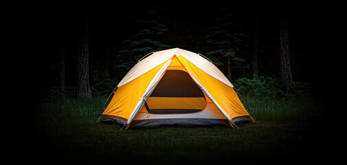 bright yellow camping tent set in serene forest at night, surrounded by trees and grass, inviting ad