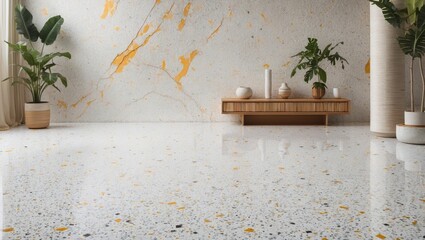 Wall Mural - elegant white terrazzo floor featuring golden accents complemented by modern decor and lush greenery