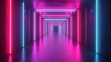 Poster - Neon-lit futuristic corridor with pink and blue lights, vibrant and symmetrical design at night. Modern architecture and technology concept