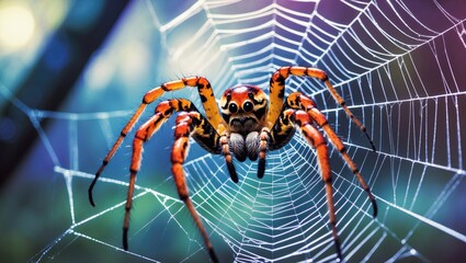 Close-up of a vibrant spider sitting in its intricate web against a blurred colorful background.