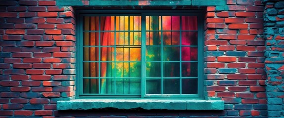 Canvas Print - colorful window lattice on a textured brick wall showcasing vibrant reflections and a charming rusti