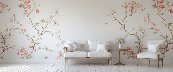 Wall Mural - elegant living room with floral wallpaper luxurious seating and natural light bright interior design