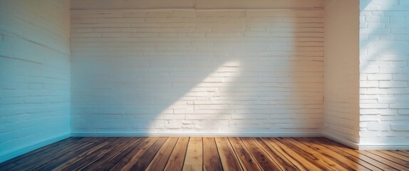 Canvas Print - bright minimalist interior with white brick wall and warm wooden floor showcasing natural light ambi