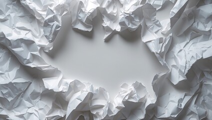 Canvas Print - Crumpled white paper background with a central blank space ideal for creative design and text overlays. Perfect for stationery or advertising projects.