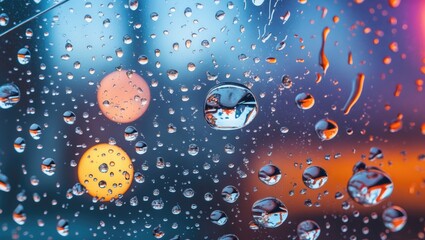 Wall Mural - colorful condensation droplets on a window pane creating an abstract background with illuminated bok