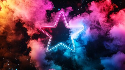 Aufkleber - Neon star glowing among colorful smoke clouds with vibrant cosmic background. Futuristic art and design concept