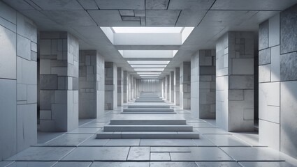 Canvas Print - modern concrete corridor with textured 3d tile walls and pillars illuminated by soft light creating 