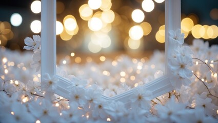 Poster - white picture frame surrounded by delicate flowers with a dreamy bokeh light background creating a s