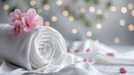 Wall Mural - delicate white fabric with pink flower accents over softly blurred background lights creating a sere