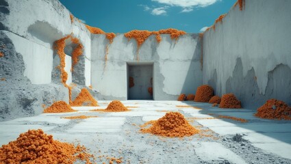 Wall Mural - textured white cement wall with vibrant orange details in an abstract interior space showcasing mode