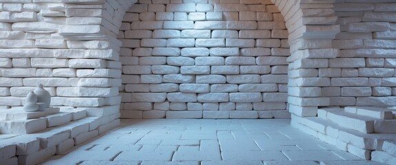 Wall Mural - seamless white stone brick wall texture with arches and illuminated background for architectural and