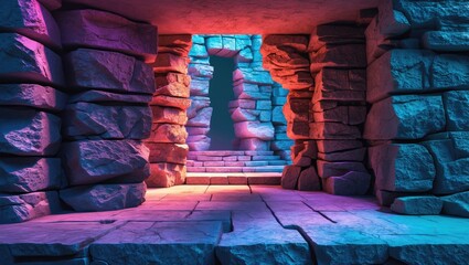 Wall Mural - vibrant stone texture passage with illuminated walls creating a mystical and abstract atmosphere inv