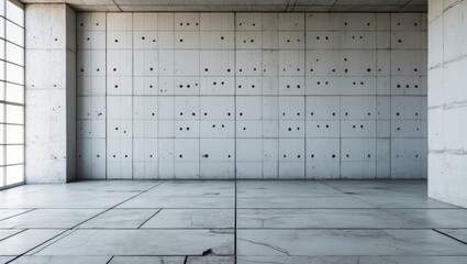 Wall Mural - modern minimalist interior featuring a textured white concrete wall and floor with natural light str