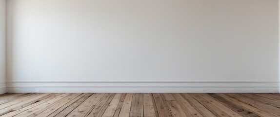 Wall Mural - minimalist interior with white wall and rustic wooden floorboards ideal for modern design and clean 