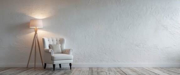 Wall Mural - cozy interior with a white textured wall a stylish armchair and a minimalist floor lamp creating a s