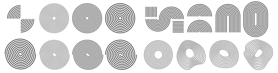 Abstract lines strokes stripes retro graphic design elements collection vector in minimalist simple boho decoration style, geometric symmetric shapes, handdrawn doodle circular spirals clip art set