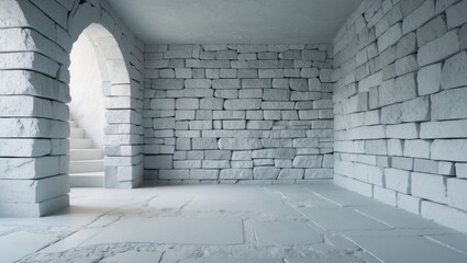 Canvas Print - panoramic view of a white stone wall interior featuring rough cement texture and a bright stairway, 