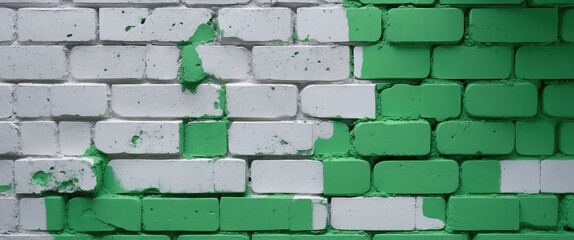 Canvas Print - textured concrete block wall featuring white and vibrant green paint with peeling sections for a rus