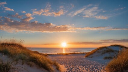 Wall Mural - serene beach sunset over dunes with sunburst and calm ocean view featuring open space for text or gr