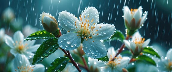 Wall Mural - white flower blossoms adorned with raindrops after a summer shower creating a refreshing and vibrant