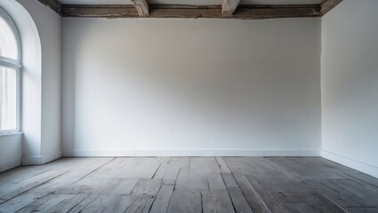 Wall Mural - minimalist interior space with white walls and wooden flooring, natural light streaming through a wi