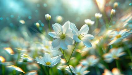 Poster - delicate white spring flowers in soft focus with a dreamy bokeh background creating a serene and ref