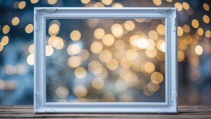 Poster - elegant white frame with blank space on wooden surface, surrounded by a dreamy bokeh light backgroun