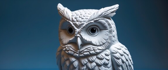 Wall Mural - elegant white owl sculpture with intricate details isolated on a vibrant blue background showcasing 