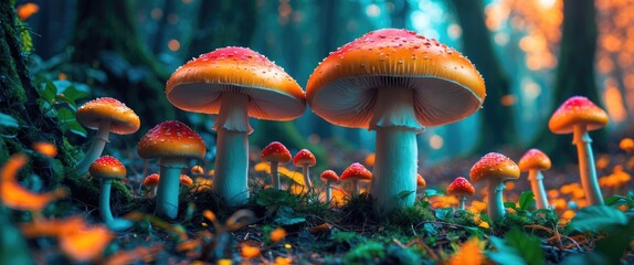 Wall Mural - enchanting forest scene showcasing vibrant mushrooms amidst lush greenery and soft, diffused sunligh