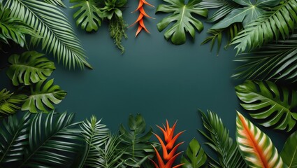 Wall Mural - top view lush tropical plant frame with empty space for text in dark green background ideal for natu