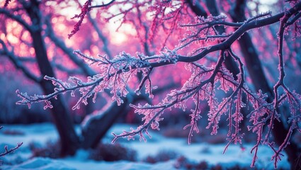 Wall Mural - Frosty tree branches in winter landscape with vibrant colors and selective focus creating a serene and magical atmosphere in Israel.