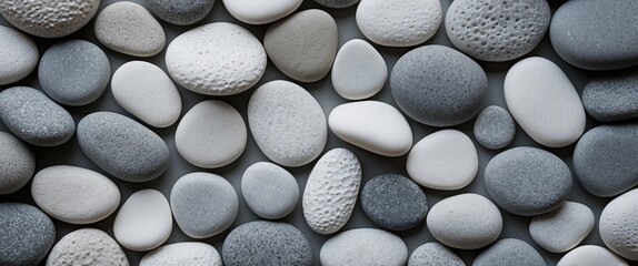 Wall Mural - white and grey pebbles background showcasing smooth textures and natural variations in stone shapes 