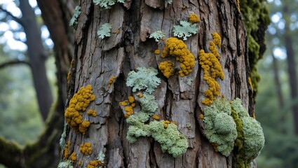 Wall Mural - textured tree trunk adorned with vibrant lichens showcasing nature's intricate beauty and biodiversi