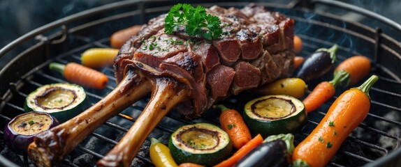 Grilled Roasted Meat With Colorful Vegetables Over Charcoal Garnished With Parsley And Space For Text In Outdoor Cooking Scene