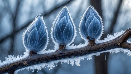 Wall Mural - Frozen buds on a branch encased in ice and frost representing resilience and beauty in winter's cold stillness.