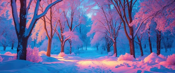 Wall Mural - Mystical winter landscape with snow-covered trees creating enchanting textures and vibrant colors in a serene forest setting