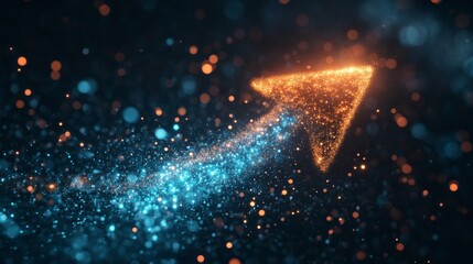 Wall Mural - glowing orange arrow made of particles pointing upwards against a dark background with blue sparklin