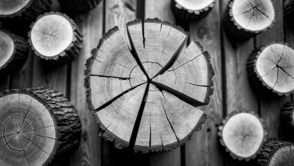 Wall Mural - tree stump in monochrome on wooden background showcasing natural textures and patterns in a top view