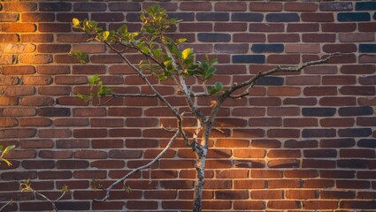 Wall Mural - Tree branch with green leaves against a warm brown brick wall illuminated by natural sunset light creating a serene ambiance.