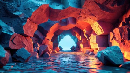 Wall Mural - cave pathway with illuminated rock formations and abstract stone texture creating a mystical atmosph