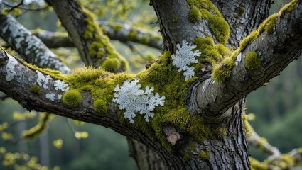 Wall Mural - moss and lichen covered tree branch showcasing vibrant greenery in a serene natural environment.
