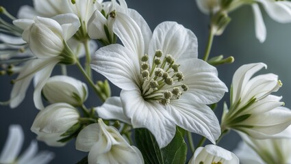 Wall Mural - delicate white flower close-up with soft petals and green leaves on a subtle background