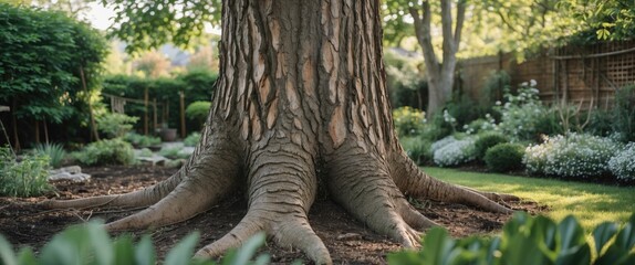 Wall Mural - tree trunk in a lush garden setting showcasing textured bark and greenery with ample copy space for 