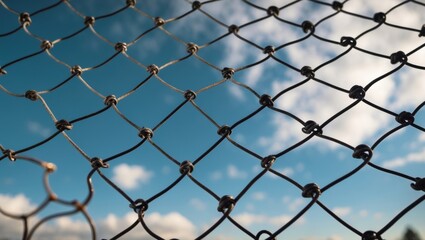 Wall Mural - close-up view of wire mesh against a bright blue sky with soft clouds creating a contrast between in