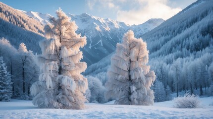 Wall Mural - Snow-covered trees with hoarfrost in winter mountains creating a serene Christmas landscape under soft sunlight and clear blue skies.