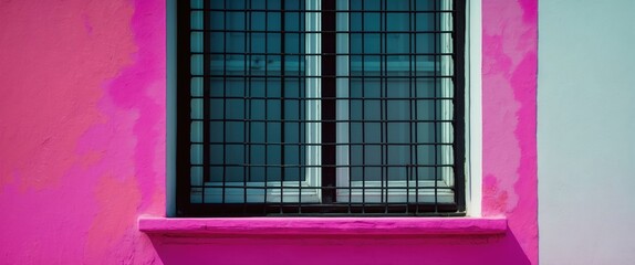 Canvas Print - vibrant window design featuring a black metal grid against a pink and white facade showcasing contem