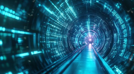 Aufkleber - Futuristic digital tunnel with glowing blue lights and data streams, abstract sci-fi technology. Innovation and cyberspace concept