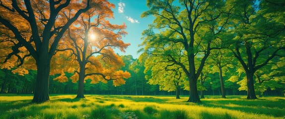 Wall Mural - vibrant forest landscape showcasing trees in different hues under sunlight with bright green grass a
