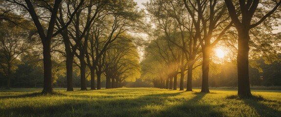 Wall Mural - serene sunlit forest pathway with majestic trees and vibrant greenery creating a tranquil atmosphere